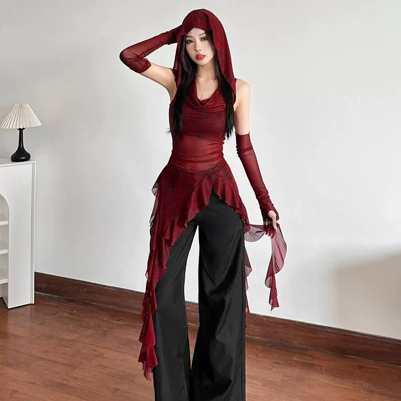 Ruffle Long Sleeve Sexy T-Shirts Fashion Women Y2K Irregular Asymmetrical Korean Crop Tops Casual Sheer Mesh Autumn Chic Tees
