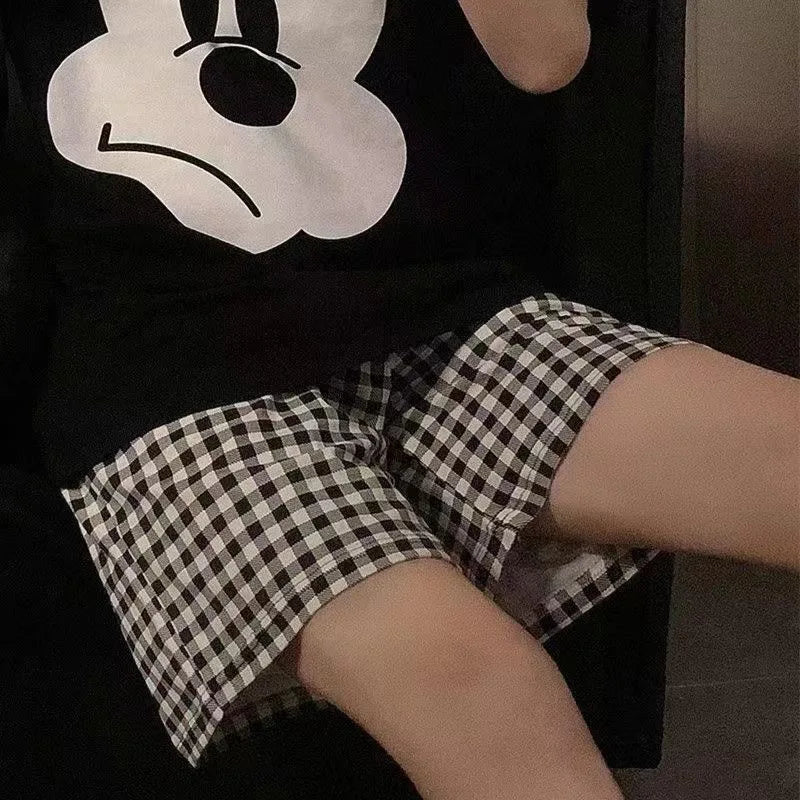 Summer Loose Plaid Shorts Women Ins Style Shorts High Waist Slimming Wide Legs Casual Home Pants Outdoor Wearing Walking Shorts