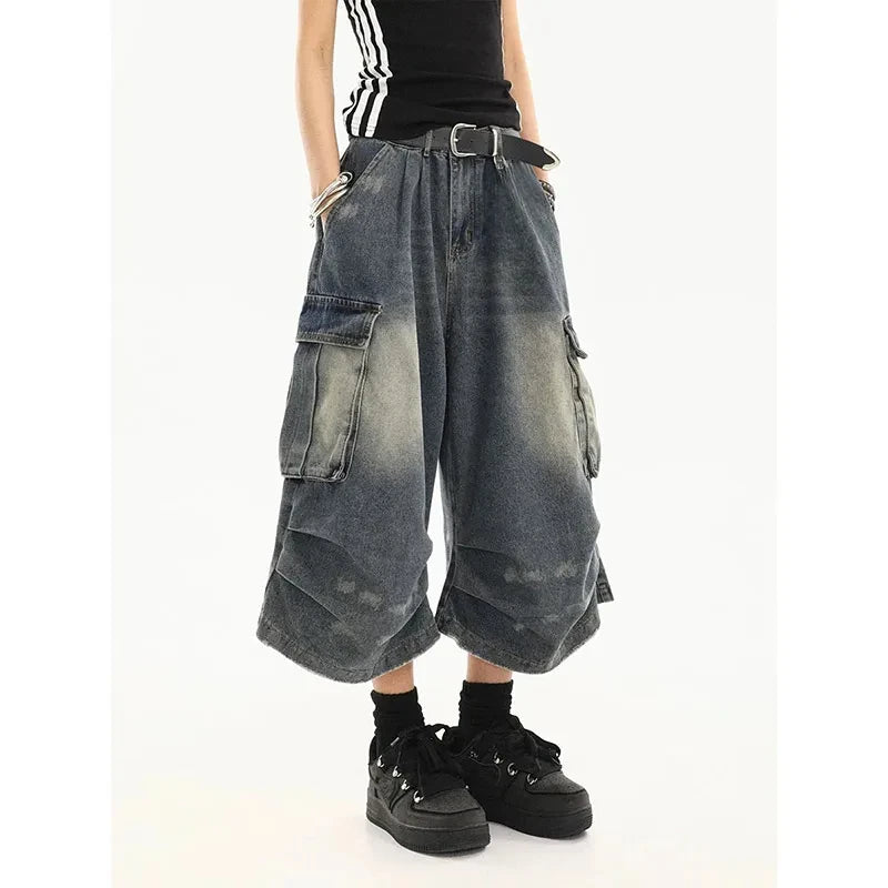 2025 Y2k Retro Women Low Rise Jorts Brushed Black Wash Cropped Baggy Jeans Wide Leg Frayed Denim Short Pants Fashion