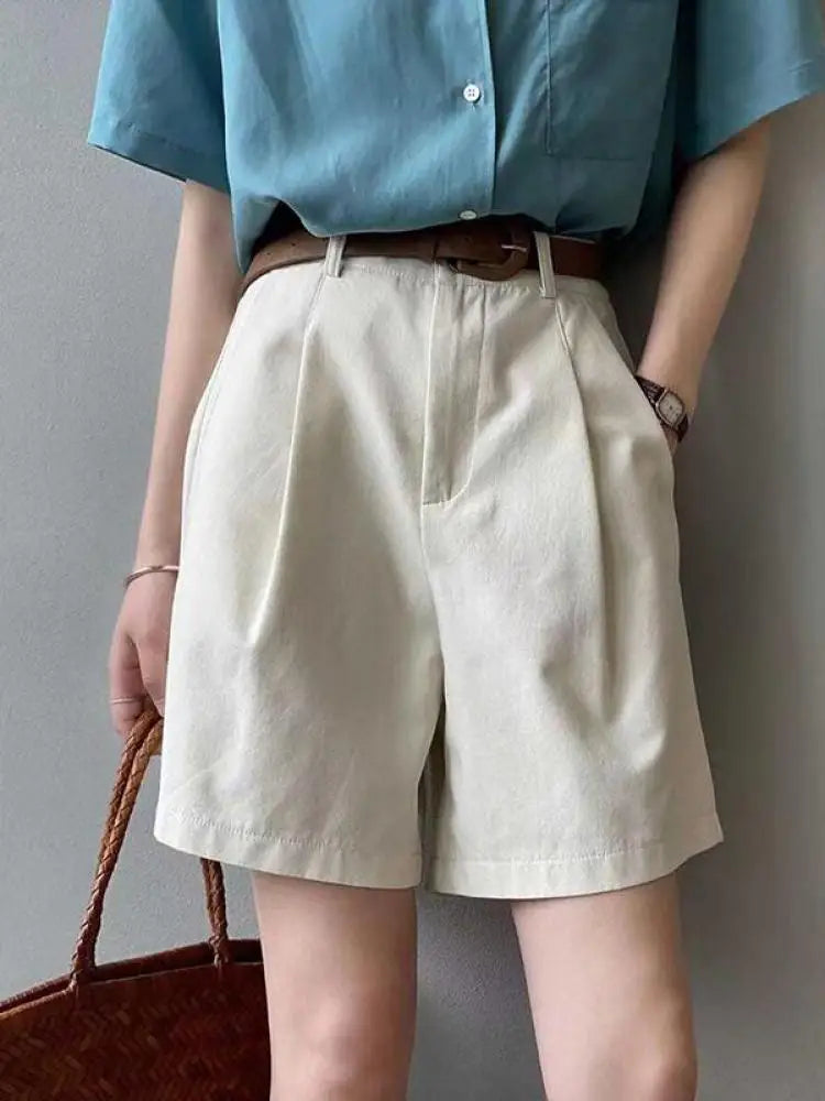 Belt Pure Cotton Shorts Women High Waist Wide Leg A Line Suit Shorts Office Lady Solid Loose Casual All Match Short Pants