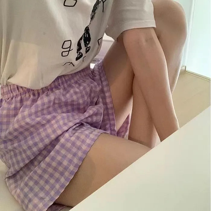 Summer Loose Plaid Shorts Women Ins Style Shorts High Waist Slimming Wide Legs Casual Home Pants Outdoor Wearing Walking Shorts