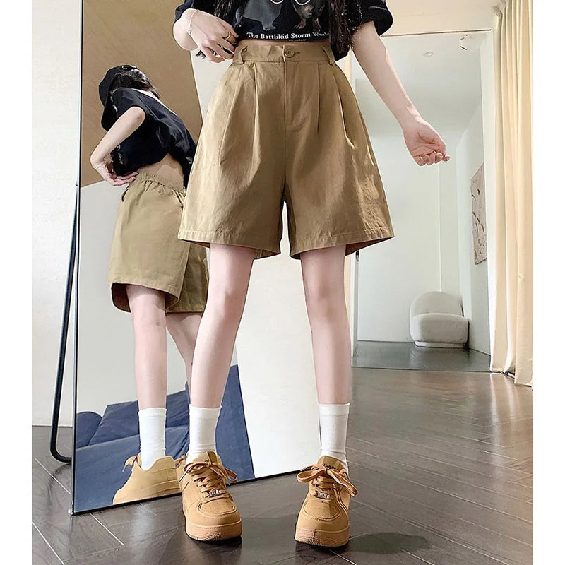 2025 Summer Women Casual Daily Khaki Short Pants Female High Waisted Cargo Shorts Girls Retro Baggy Wide Leg Slacks