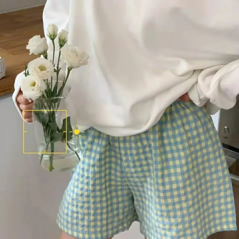 Summer Loose Plaid Shorts Women Ins Style Shorts High Waist Slimming Wide Legs Casual Home Pants Outdoor Wearing Walking Shorts