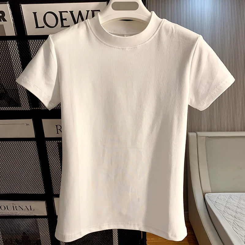 2024 Fashion Women Cotton Half High collar Short Sleeve T-shirts Summer Solid Color Elegant Tee Casual Tops