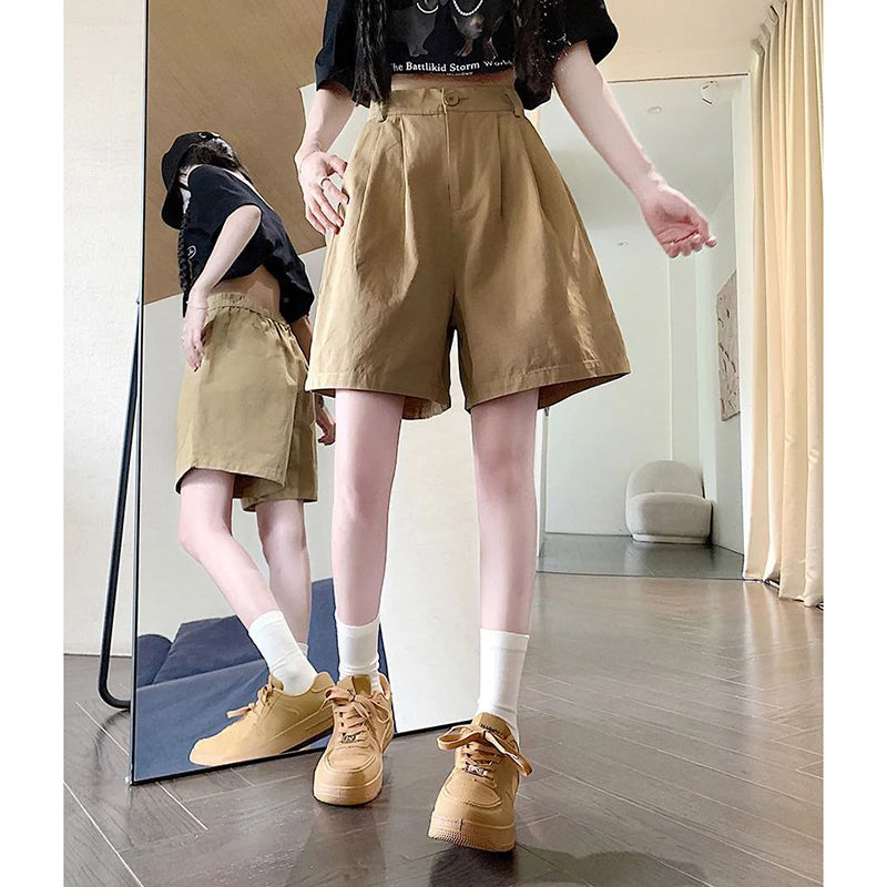 2025 Summer Women Casual Daily Khaki Short Pants Female High Waisted Cargo Shorts Girls Retro Baggy Wide Leg Slacks