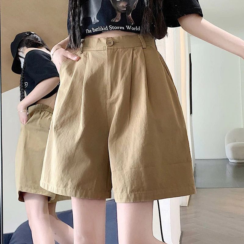 2025 Summer Women Casual Daily Khaki Short Pants Female High Waisted Cargo Shorts Girls Retro Baggy Wide Leg Slacks