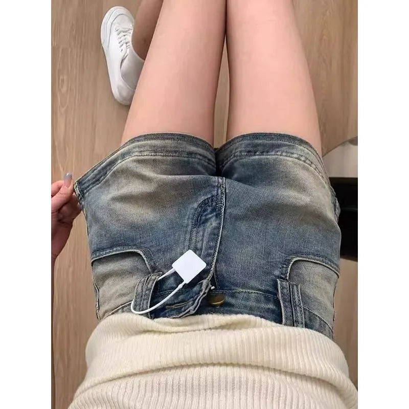 Retro Old Denim Shorts for Women in Summer High Waist Stretch Straight A-line Hot Pants