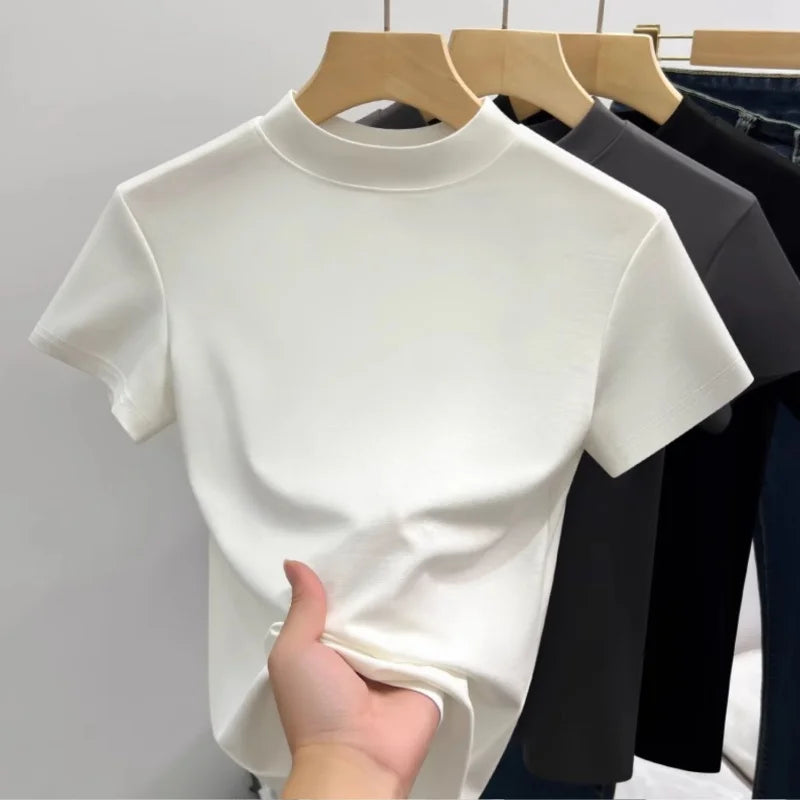 2024 Fashion Women Cotton Half High collar Short Sleeve T-shirts Summer Solid Color Elegant Tee Casual Tops