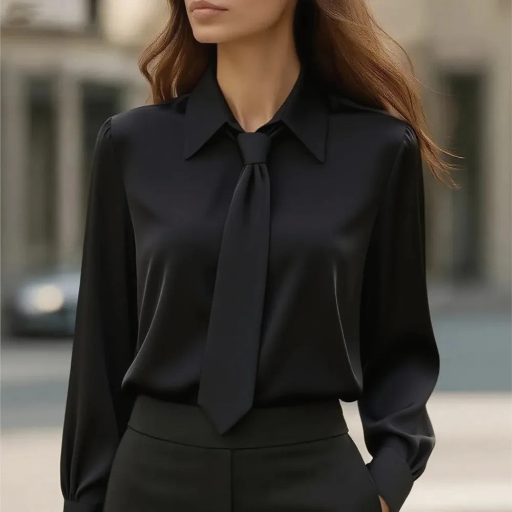 2025 New Spring Autumn Professional Shirt Fashion Casual Solid Color Long Sleeve Blouse with Tie Shirt Women's Office Clothing