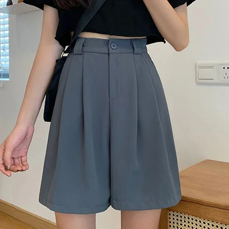 2025 New Summer Women Baggy Medium Length Short Pants Lady Korean Concise Solid Suit Pants Girls Casual Thin High Waisted Shorts