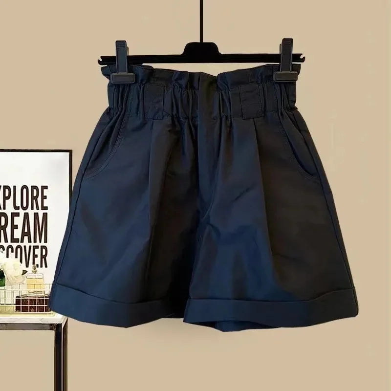 Women's Shorts Solid Color High Waisted Elastic Shorts Elastic Waist Wide Leg Casual Short Pants 2025 News