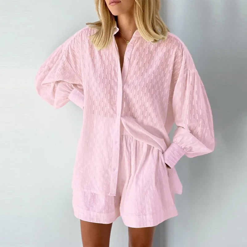Autumn Women's Shirt Jacquard Puff Sleeve Temperament Top Shorts Commuting Design Casual Suit