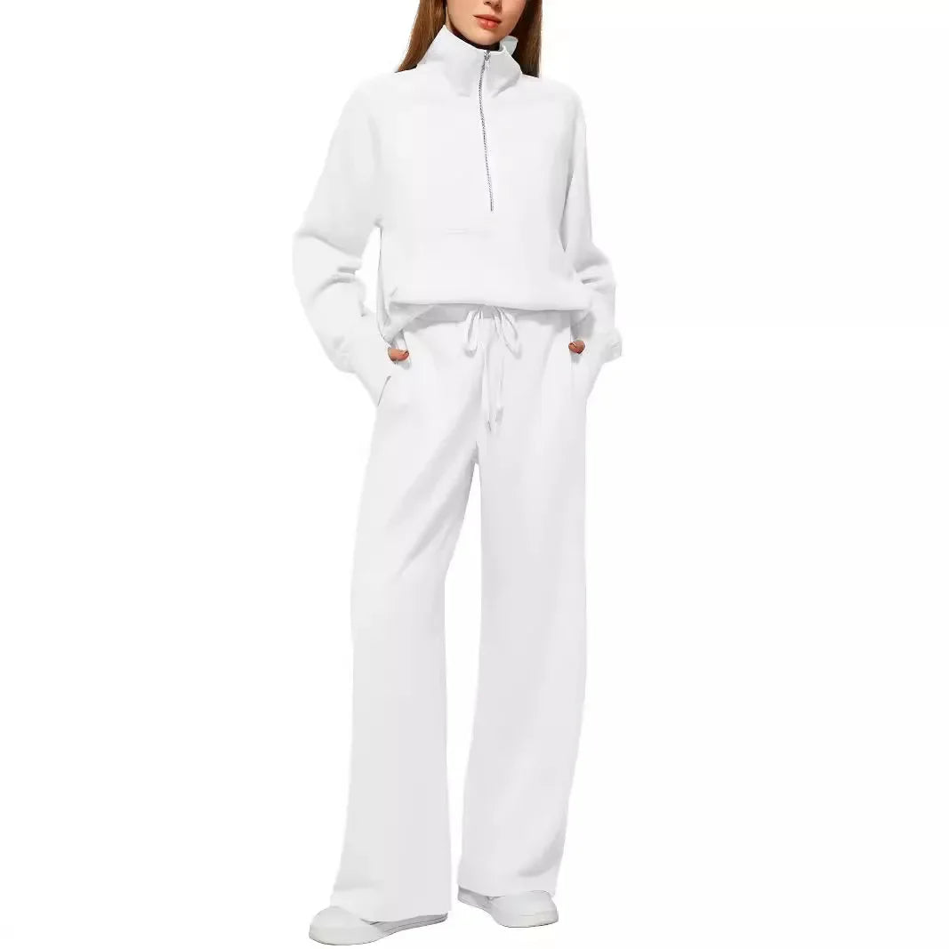 2025 Women's Style 2-Piece Set Oversized Zippered Ultra-Wide Leg Sweatpants Casual Suit Coat and Shorts