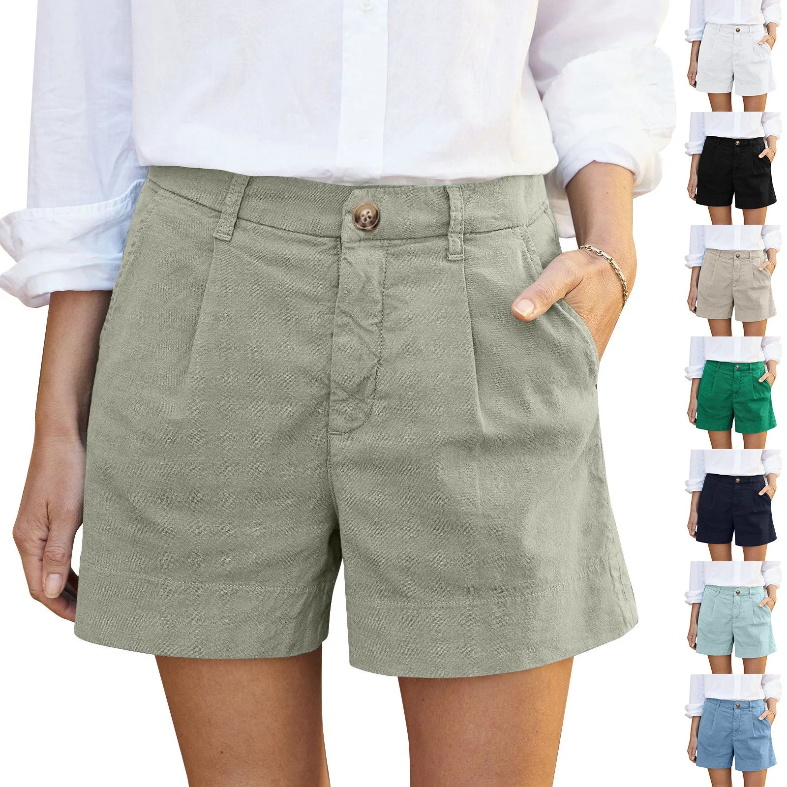 Cotton Linen Solid Shorts For Women Button High Waist Summer Loose Casual Pockets Shorts Female Pants Women Clothing