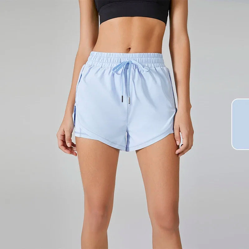 Summer Women's Running Yoga Shorts Elastic High Waist Double Layer Shorts Breathable Quick Dry Outdoor Pilates Sport shorts🏃🏻‍