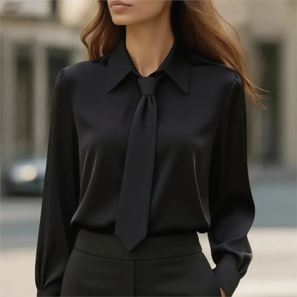 2025 New Spring Autumn Professional Shirt Fashion Casual Solid Color Long Sleeve Blouse with Tie Shirt Women's Office Clothing