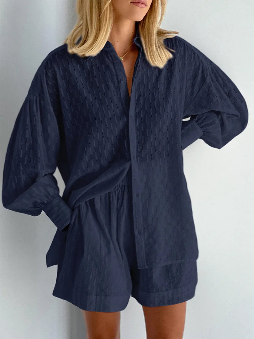 Autumn Women's Shirt Jacquard Puff Sleeve Temperament Top Shorts Commuting Design Casual Suit