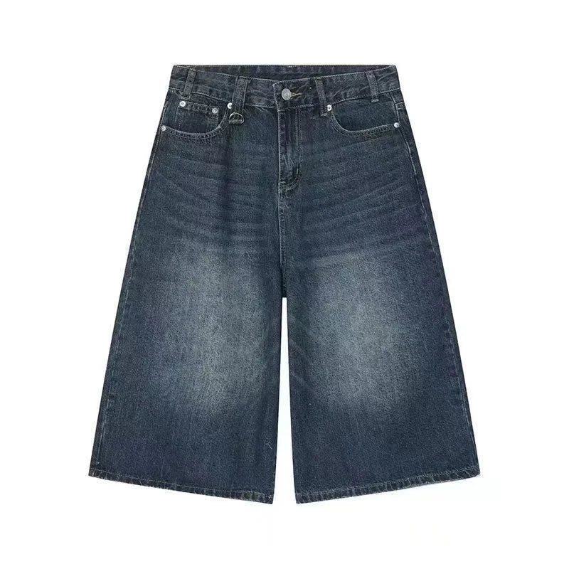 2025 Y2k Retro Women Low Rise Jorts Brushed Black Wash Cropped Baggy Jeans Wide Leg Frayed Denim Short Pants Fashion