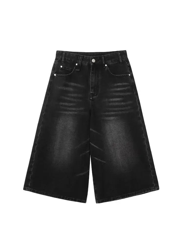 2025 Y2k Retro Women Low Rise Jorts Brushed Black Wash Cropped Baggy Jeans Wide Leg Frayed Denim Short Pants Fashion