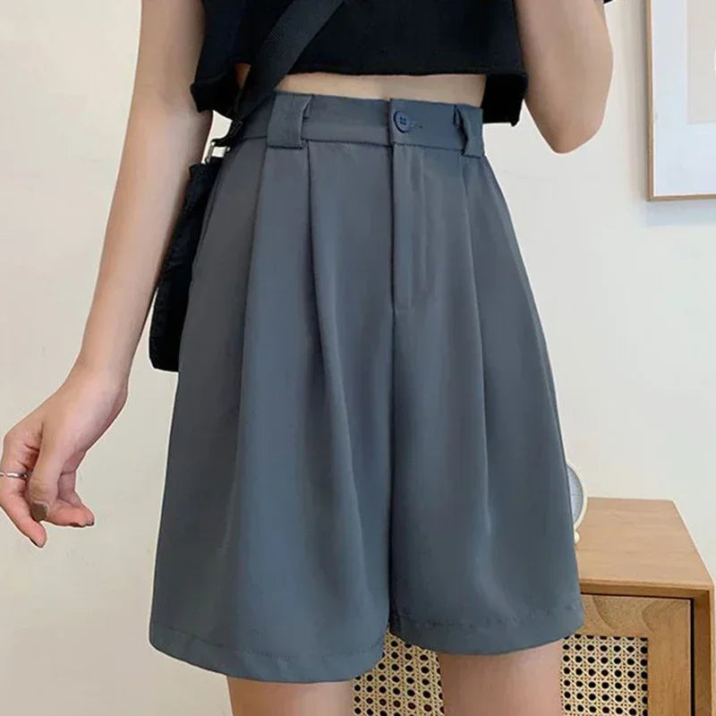 2025 New Summer Women Baggy Medium Length Short Pants Lady Korean Concise Solid Suit Pants Girls Casual Thin High Waisted Shorts