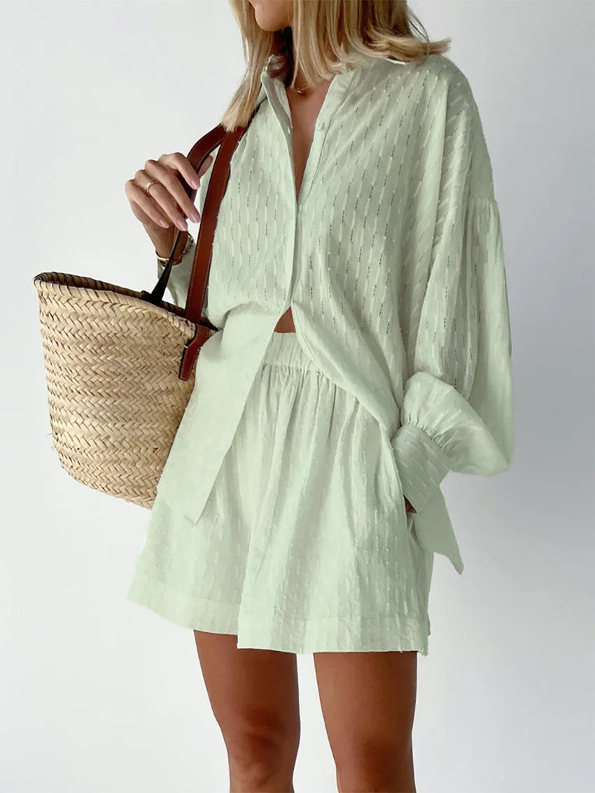 Autumn Women's Shirt Jacquard Puff Sleeve Temperament Top Shorts Commuting Design Casual Suit
