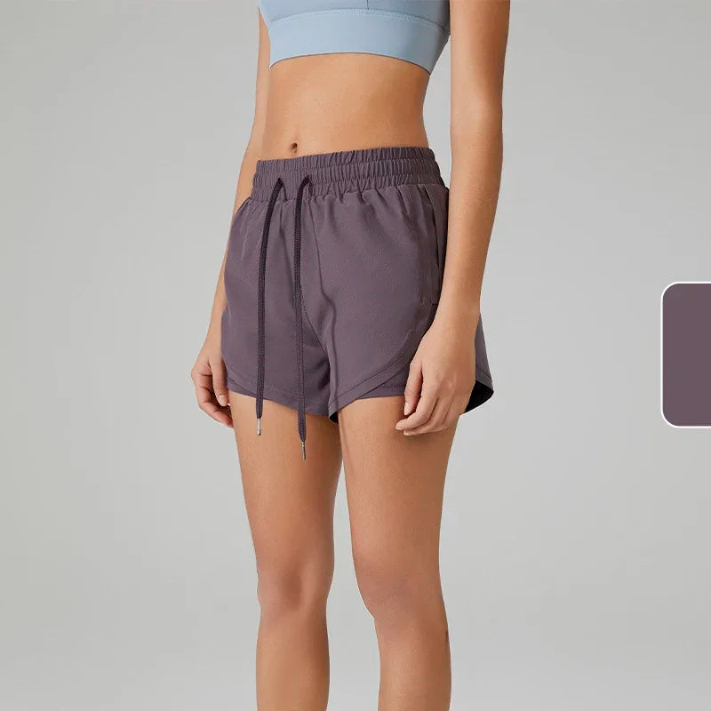 Summer Women's Running Yoga Shorts Elastic High Waist Double Layer Shorts Breathable Quick Dry Outdoor Pilates Sport shorts🏃🏻‍
