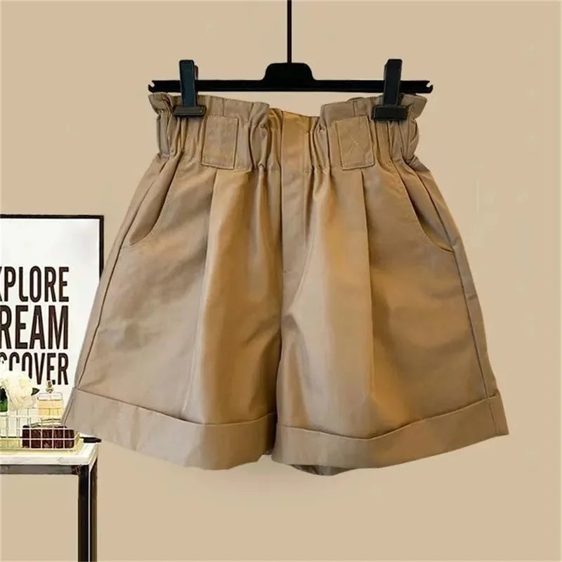 Women's Shorts Solid Color High Waisted Elastic Shorts Elastic Waist Wide Leg Casual Short Pants 2025 News
