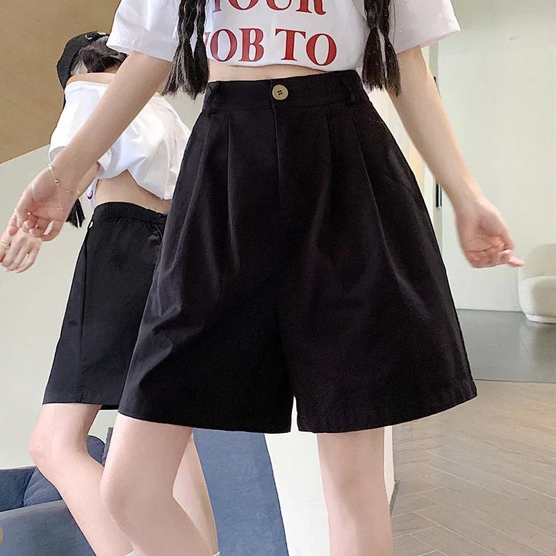 2025 Summer Women Casual Daily Khaki Short Pants Female High Waisted Cargo Shorts Girls Retro Baggy Wide Leg Slacks