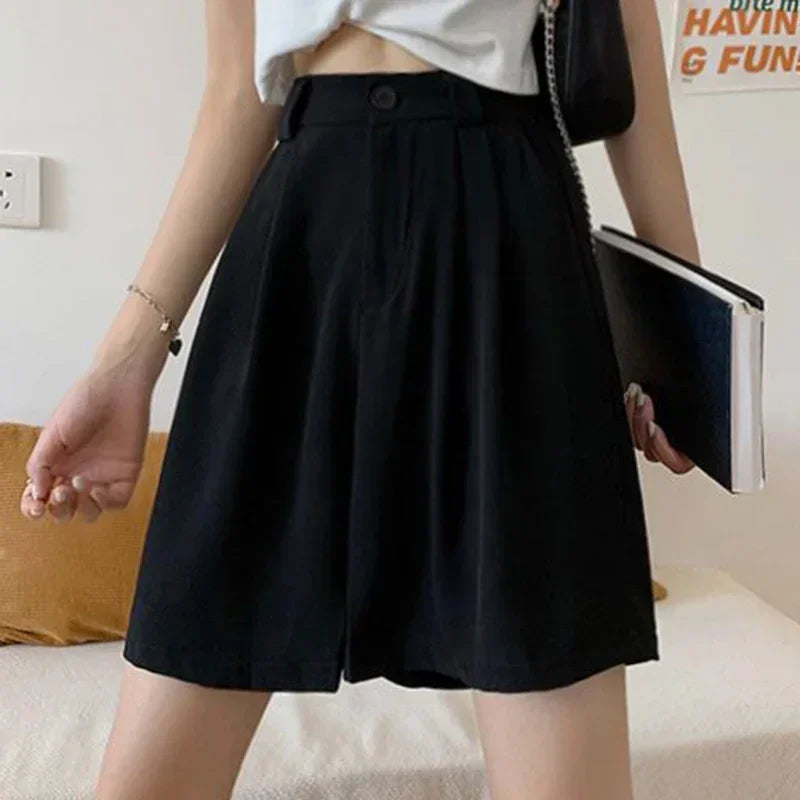 2025 New Summer Women Baggy Medium Length Short Pants Lady Korean Concise Solid Suit Pants Girls Casual Thin High Waisted Shorts