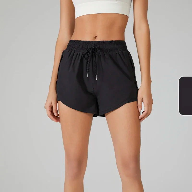 Summer Women's Running Yoga Shorts Elastic High Waist Double Layer Shorts Breathable Quick Dry Outdoor Pilates Sport shorts🏃🏻‍