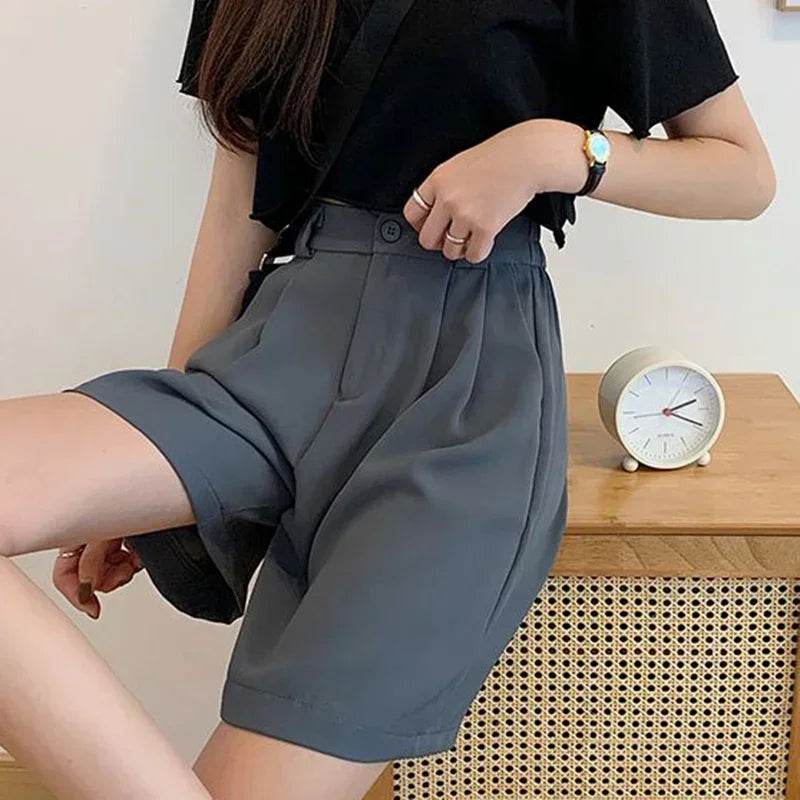 2025 New Summer Women Baggy Medium Length Short Pants Lady Korean Concise Solid Suit Pants Girls Casual Thin High Waisted Shorts