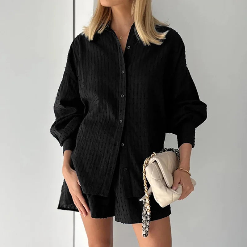Autumn Women's Shirt Jacquard Puff Sleeve Temperament Top Shorts Commuting Design Casual Suit