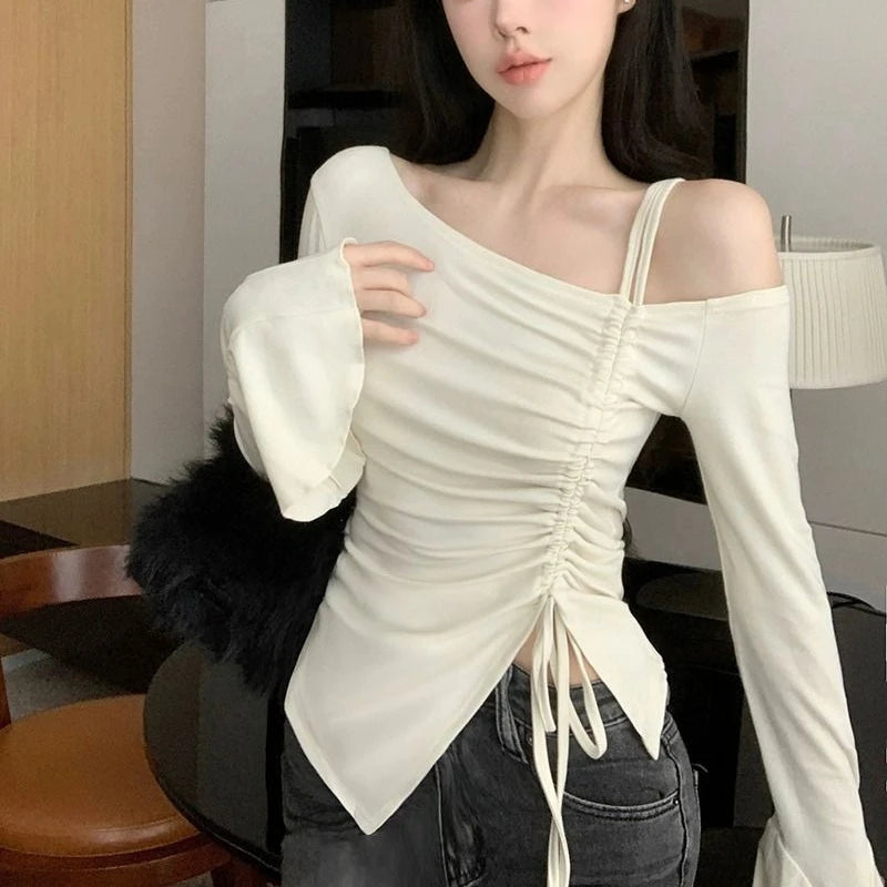Spring Autumn Cotton Flare Sleeve T Shirts Women Solid Bodycone Basic Long Sleeve Crop Tops Casual Shirring Off-shoulder Tees