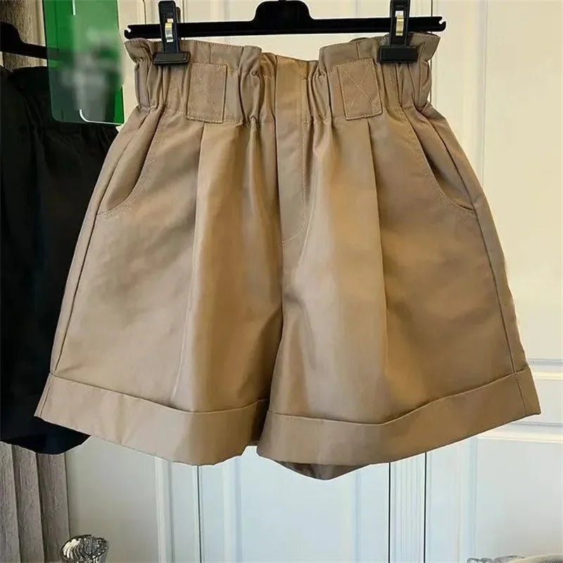 Women's Shorts Solid Color High Waisted Elastic Shorts Elastic Waist Wide Leg Casual Short Pants 2025 News