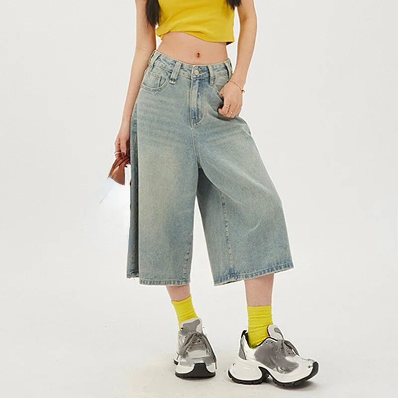 2025 Y2k Retro Women Low Rise Jorts Brushed Black Wash Cropped Baggy Jeans Wide Leg Frayed Denim Short Pants Fashion