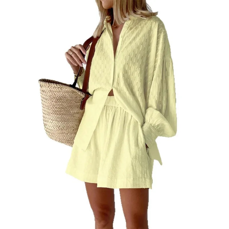 Autumn Women's Shirt Jacquard Puff Sleeve Temperament Top Shorts Commuting Design Casual Suit