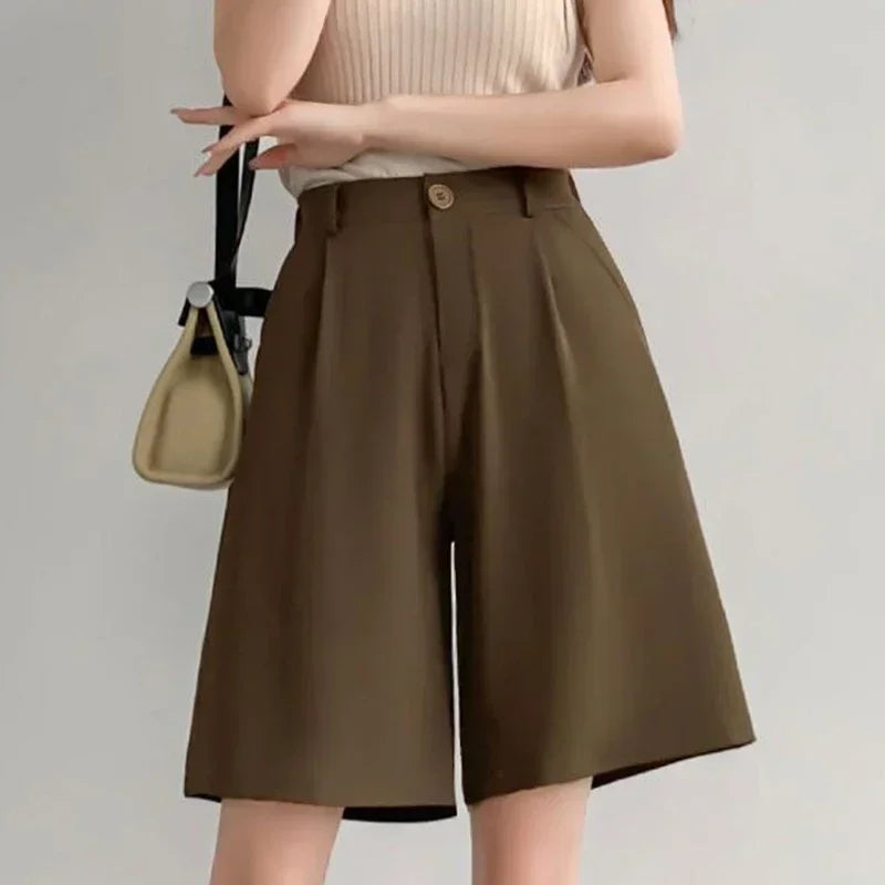 2025 New Summer Women Baggy Medium Length Short Pants Lady Korean Concise Solid Suit Pants Girls Casual Thin High Waisted Shorts
