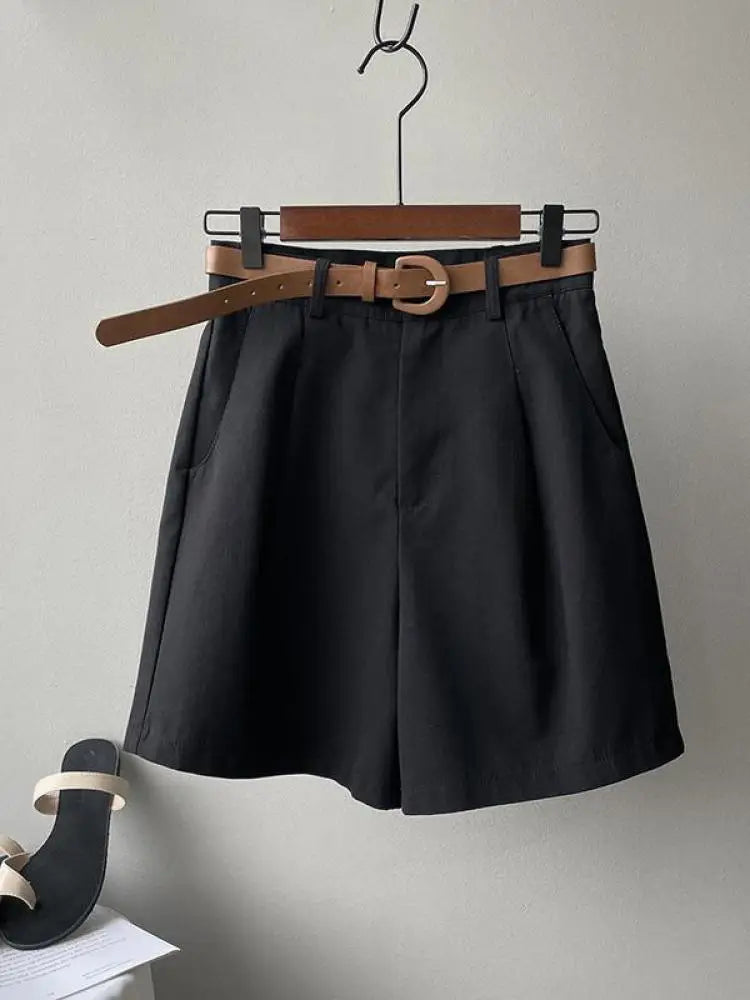 Belt Pure Cotton Shorts Women High Waist Wide Leg A Line Suit Shorts Office Lady Solid Loose Casual All Match Short Pants